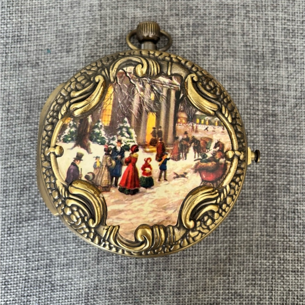 Vintage “Mr. Christmas” Brass Musical Pocket Watch with Winter Scene.